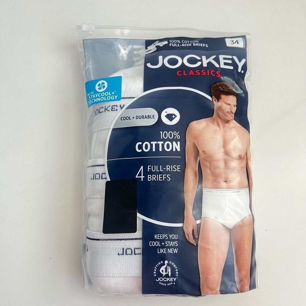 Jockey Classics Mens 3 Pack Full Rise Briefs White 100% Cotton Size 34